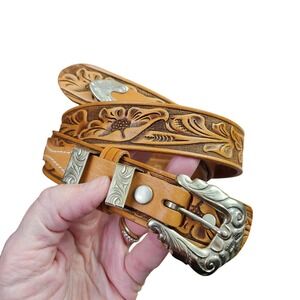 Pilgrim Western Hand Tooled Leather Belt Size 34 Silver Buckle Floral Design
